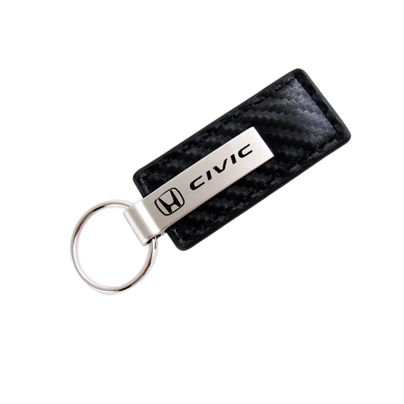 GENUINE For Honda CIVIC Rectangle Carbon Fiber Leather Chrome Key Fob Keyring - Image 2