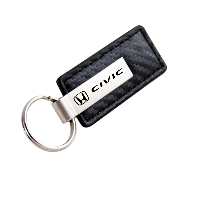 GENUINE For Honda CIVIC Rectangle Carbon Fiber Leather Chrome Key Fob Keyring - Image 4