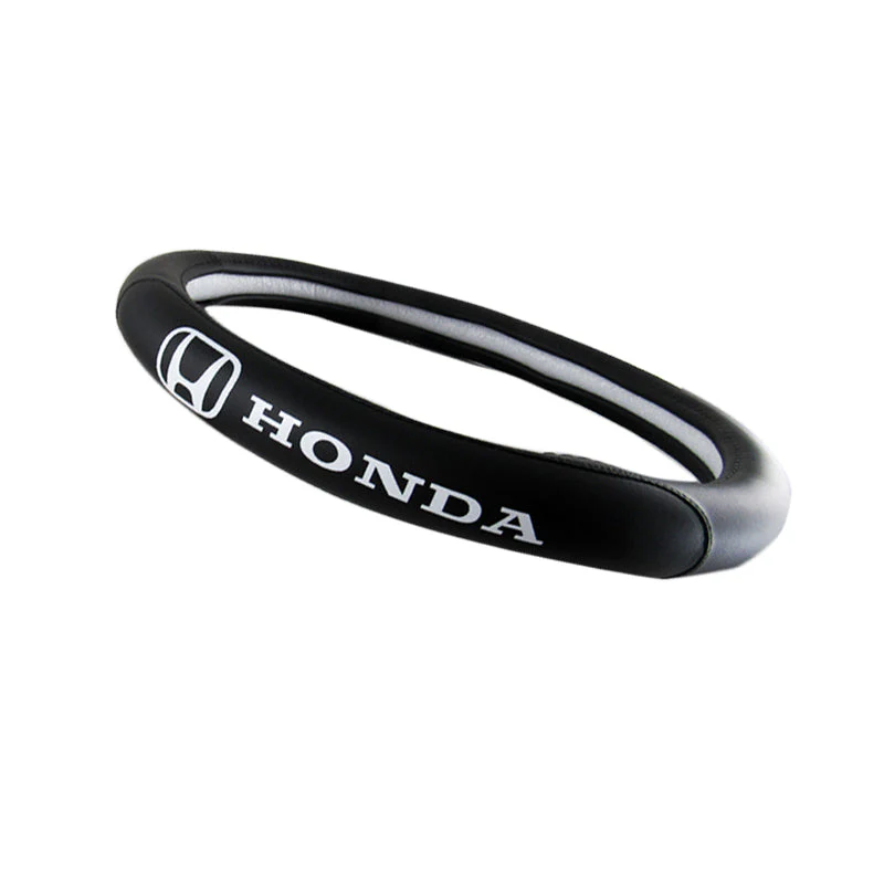 Honda Set Genuine Leather Black 15" Diameter Car Auto Steering Wheel Cover with STEERING EMBLEM BADGE - Image 2