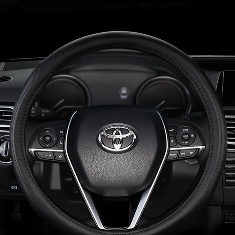 Toyota Set Genuine Leather Black 15" Diameter Car Auto Steering Wheel Cover with 3D Metal Emblems - Image 11
