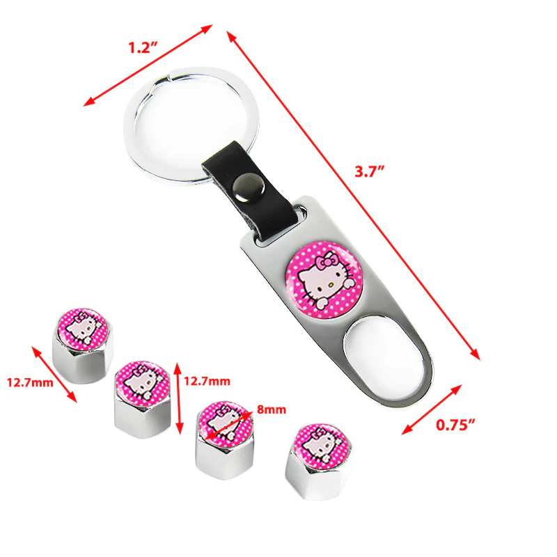 Hello Kitty Silver Car Wheel Tire Valves Dust Stem Air Caps Keychain Emblem KEY FOB Set - US SELLER - Image 3