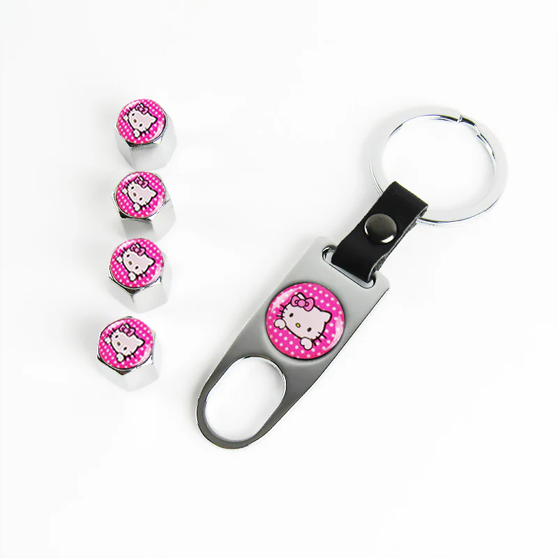 Hello Kitty Silver Car Wheel Tire Valves Dust Stem Air Caps Keychain Emblem KEY FOB Set - US SELLER - Image 5