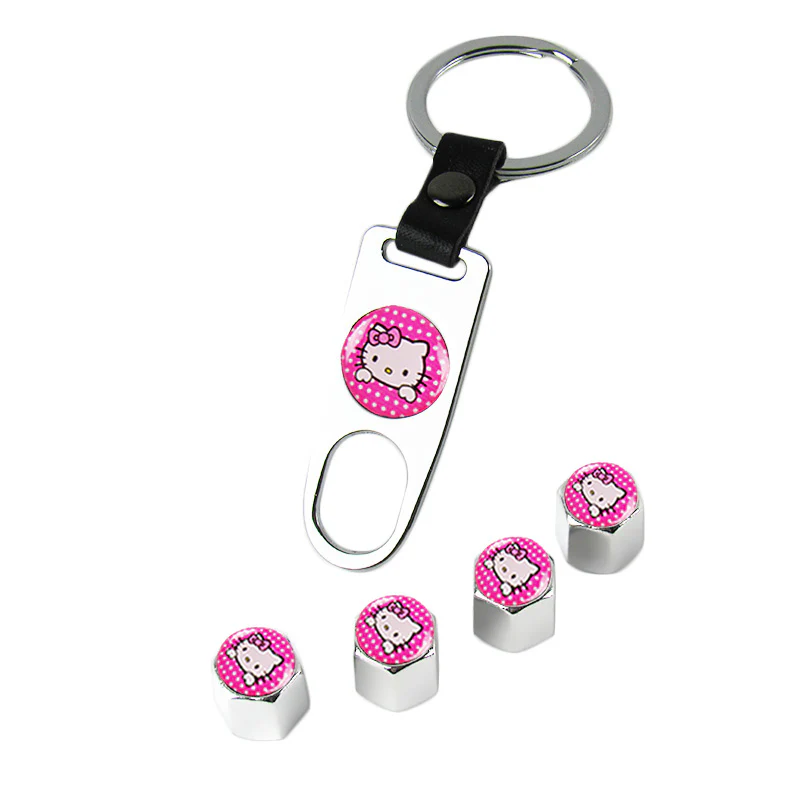 Hello Kitty Silver Car Wheel Tire Valves Dust Stem Air Caps Keychain Emblem KEY FOB Set - US SELLER - Image 7