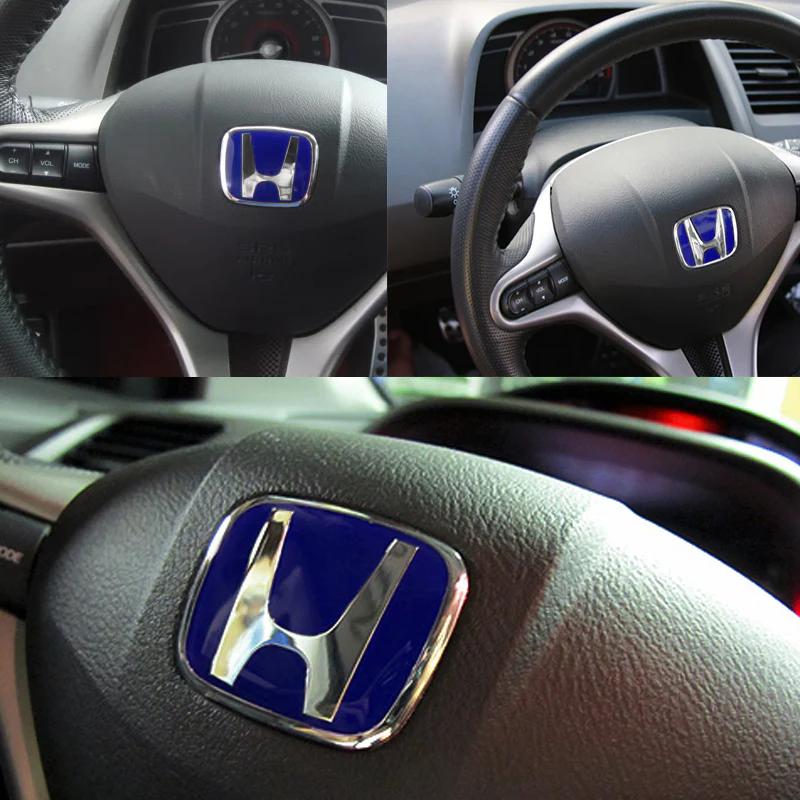 Honda Set Genuine Leather 15" Diameter Car Auto Steering Wheel Cover with BLUE STEERING EMBLEM BADGE - Image 4