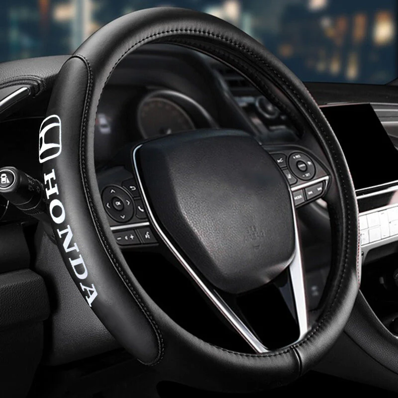 Honda Black Set Genuine Leather 15" Diameter Car Auto Steering Wheel Cover with STEERING EMBLEM BADGE - Image 6