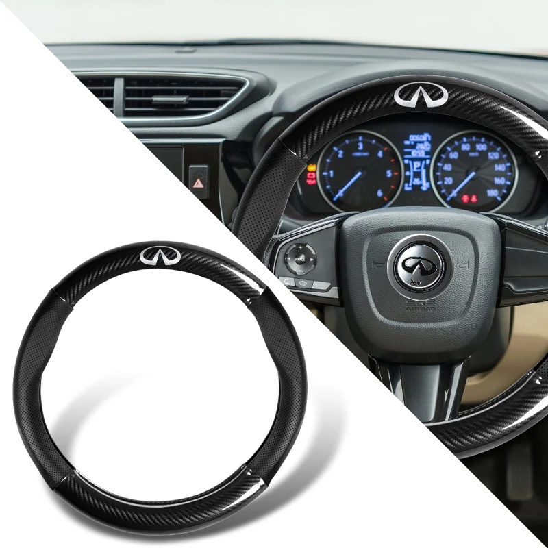 INFINITI Set 15" Carbon Fiber Style Quality Leather Car Steering Wheel Cover with Logo Horn Button - Image 10