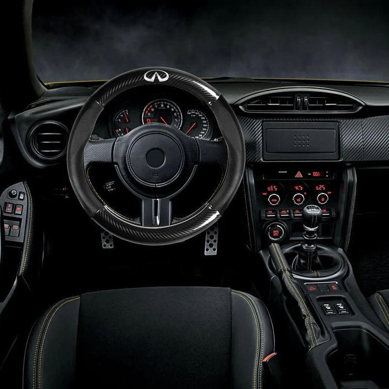 INFINITI Set 15" Carbon Fiber Style Quality Leather Car Steering Wheel Cover with Logo Horn Button - Image 3