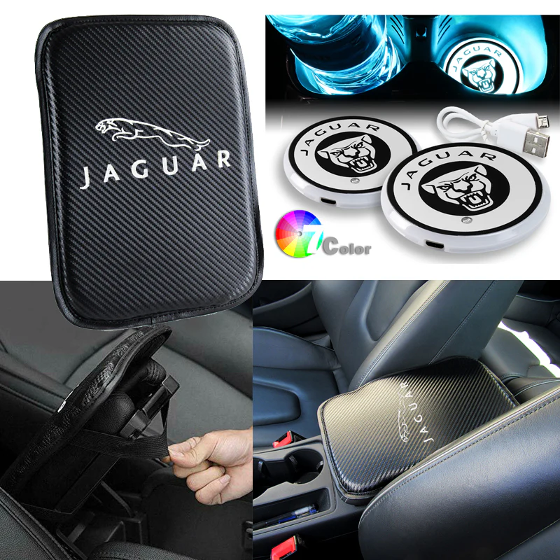 JAGUAR Car Center Console Embroidery Armrest Cushion Mat Pad Cover Stitched Logo with LED Cup Coaster Set - Image 7