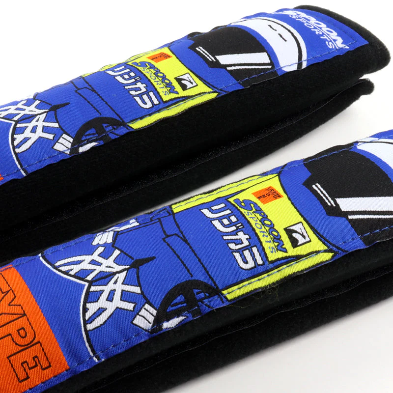 JDM Spoon Sports Set Type One Black & Blue Soft Cotton Embroidery Seat Belt Cover Shoulder Pads with Keychains - Image 11