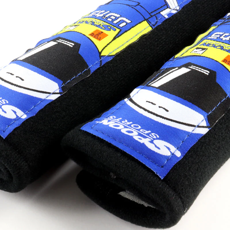 JDM Spoon Sports Set Type One Black & Blue Soft Cotton Embroidery Seat Belt Cover Shoulder Pads with Keychains - Image 2
