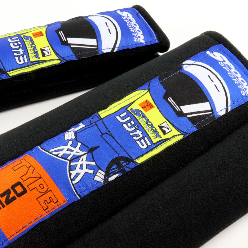 JDM Spoon Sports Set Type One Black & Blue Soft Cotton Embroidery Seat Belt Cover Shoulder Pads with Keychains - Image 8