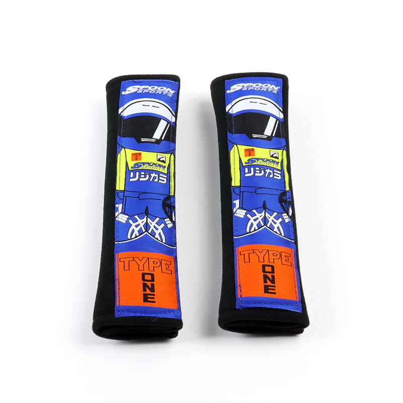 JDM Spoon Sports Type One Set Black & Blue Soft Cotton Embroidery Seat Belt Cover Shoulder Pads with Keychains - Image 10