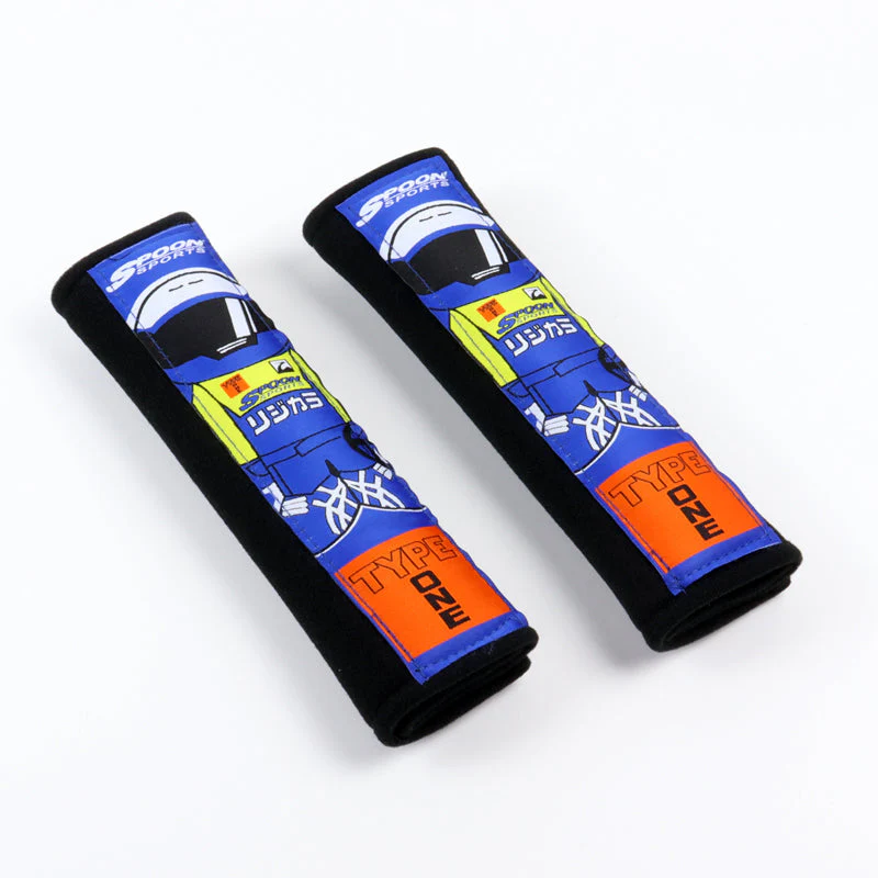 JDM Spoon Sports Type One Set Black & Blue Soft Cotton Embroidery Seat Belt Cover Shoulder Pads with Keychains - Image 3