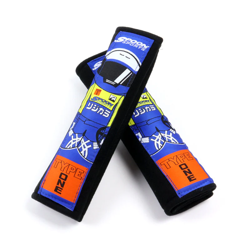 JDM Spoon Sports Type One Set Black & Blue Soft Cotton Embroidery Seat Belt Cover Shoulder Pads with Keychains - Image 4