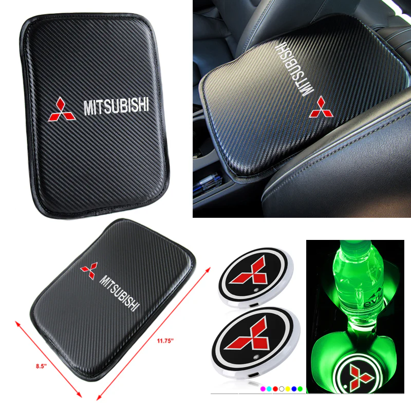 MITSUBISHI Car Center Console Armrest Cushion Mat Pad Cover Stitched Embroidery Logo with LED Cup Coaster Set - Image 5