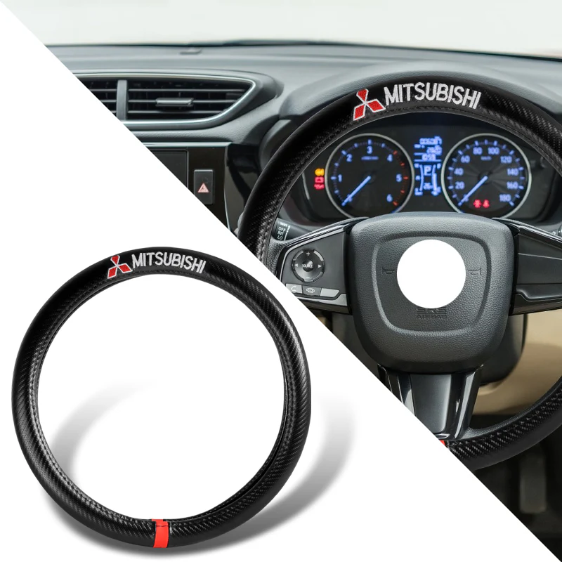 MITSUBISHI Set of Car 15" Steering Wheel Cover Carbon Fiber Style Leather with Seat Belt Covers - Image 11