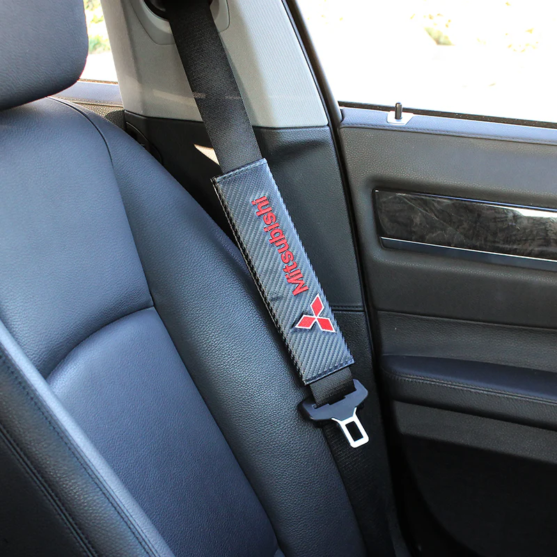 MITSUBISHI Set of Car 15" Steering Wheel Cover Carbon Fiber Style Leather with Seat Belt Covers - Image 8