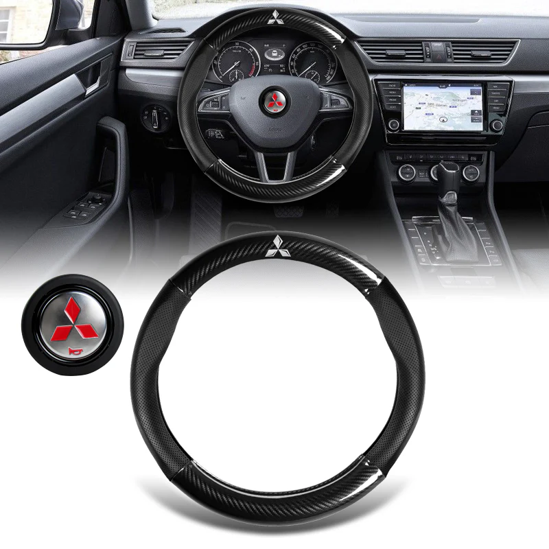 MITSUBISHI RALLIART Set Carbon Fiber Style Quality Leather Car Steering Wheel Cover with Badge Red Logo Horn Button - Image 11