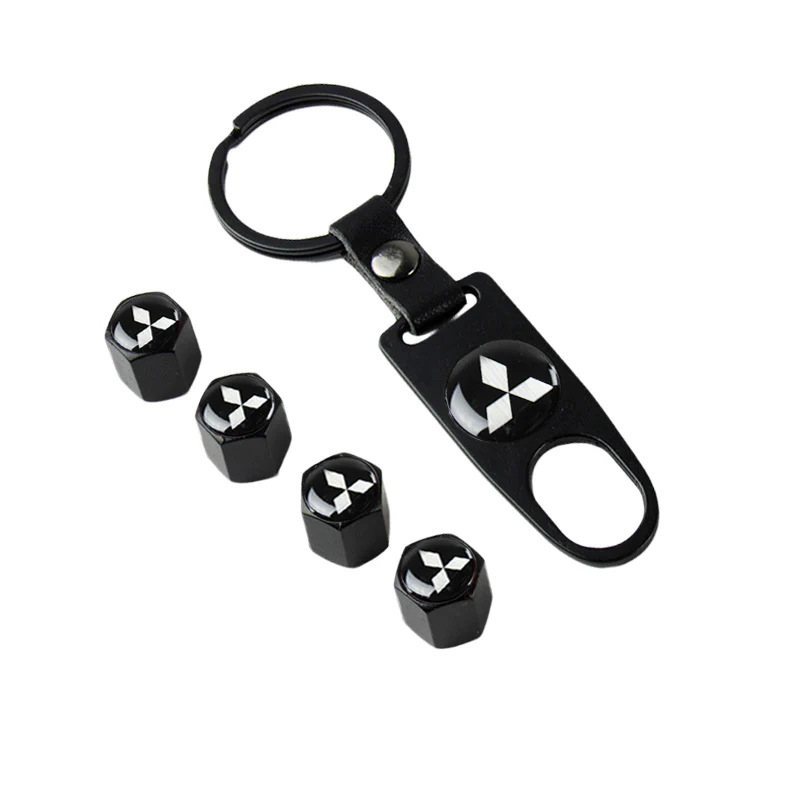 Black MITSUBISHI Universal Car SUV Wheel Tire Valves Dust Stem Air Caps Keychain Emblem Set - Image 5