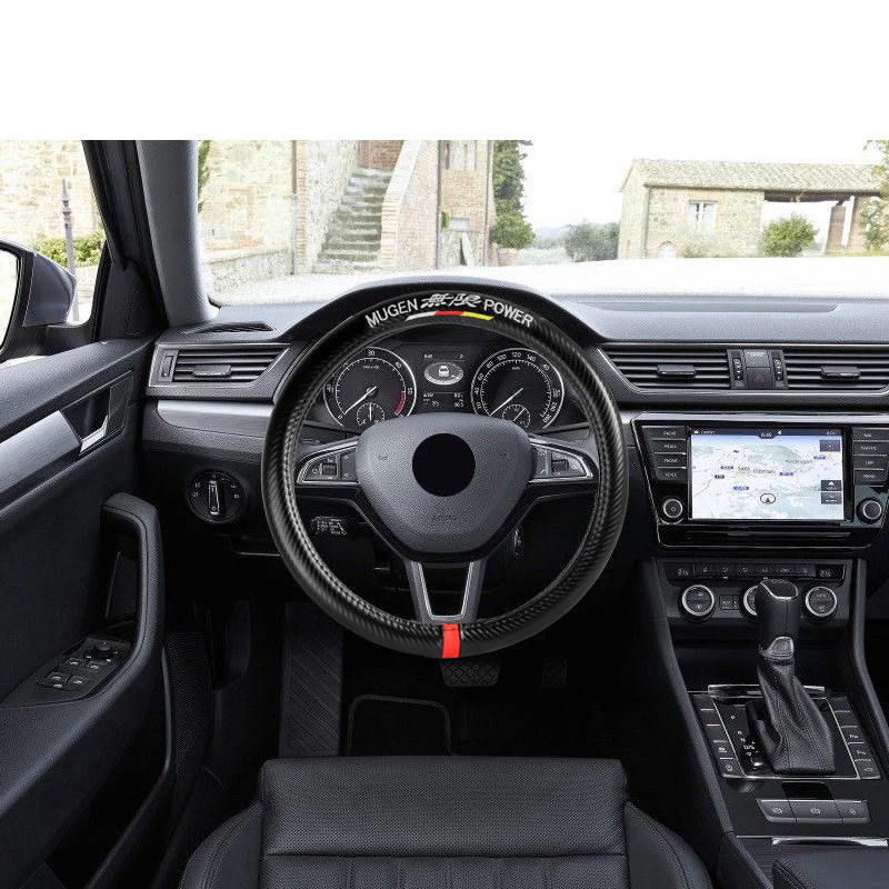 MUGEN POWER Set 15" Diameter Steering Wheel Cover Carbon Fiber Look Leather with Red JDM Logo Horn Button - Image 7