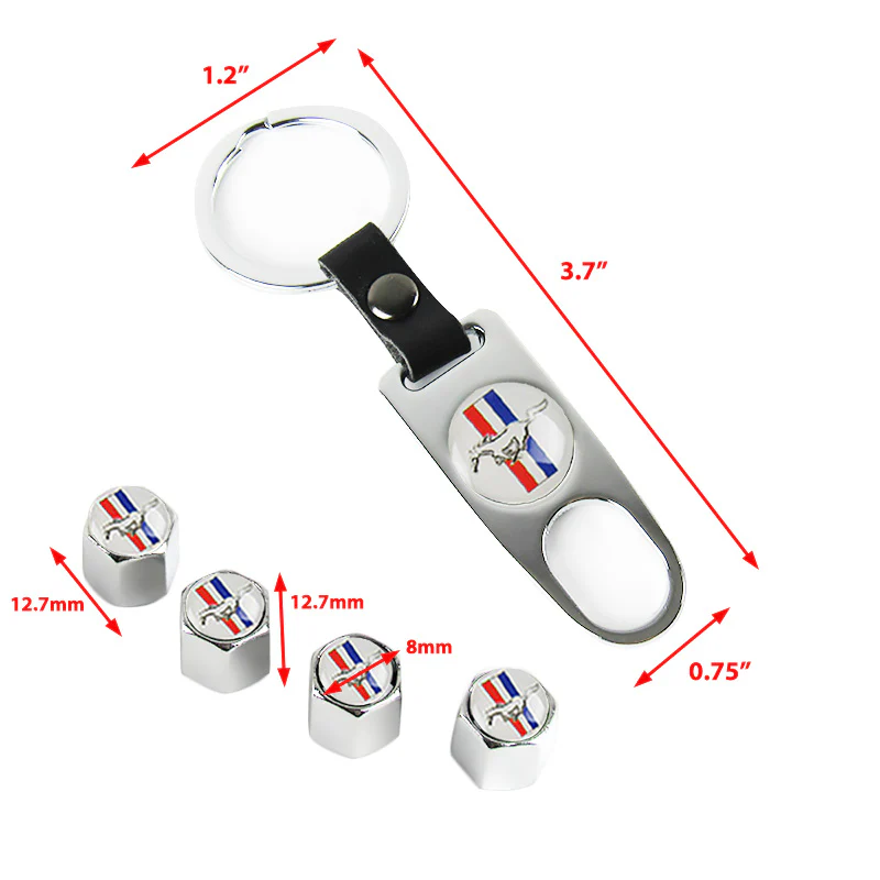 MUSTANG Universal Car SUV Wheel Tire Valves Dust Stem Air Caps Keychain Emblem Silver Set - Image 3