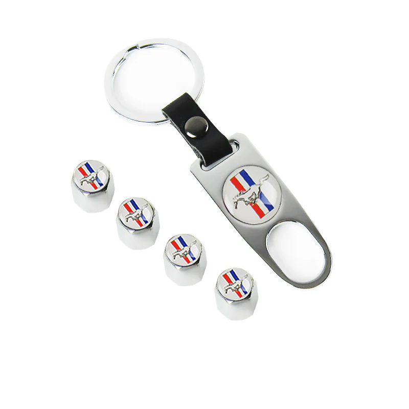 MUSTANG Universal Car SUV Wheel Tire Valves Dust Stem Air Caps Keychain Emblem Silver Set - Image 5