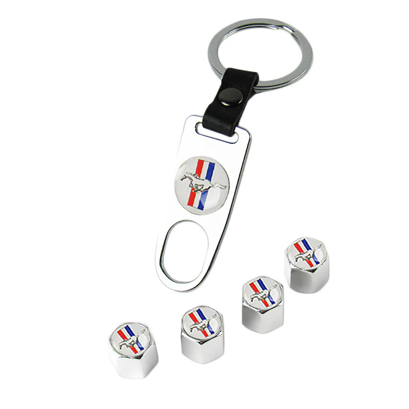 MUSTANG Universal Car SUV Wheel Tire Valves Dust Stem Air Caps Keychain Emblem Silver Set - Image 6
