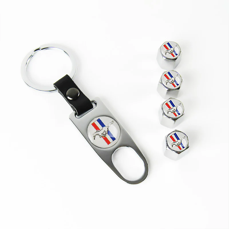 MUSTANG Universal Car SUV Wheel Tire Valves Dust Stem Air Caps Keychain Emblem Silver Set - Image 7