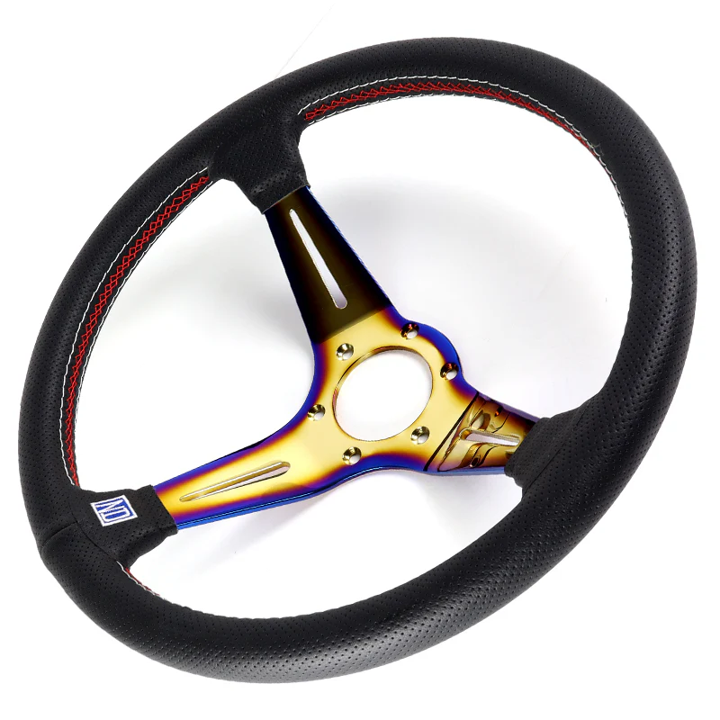 Nardi 88MM DEEP DISH 350MM/ 13.78" Black Leather with Red White Stitching Steering Wheel with Nardi Logo Horn Button 3 Spokes Titanium Neo Sty - Image 2