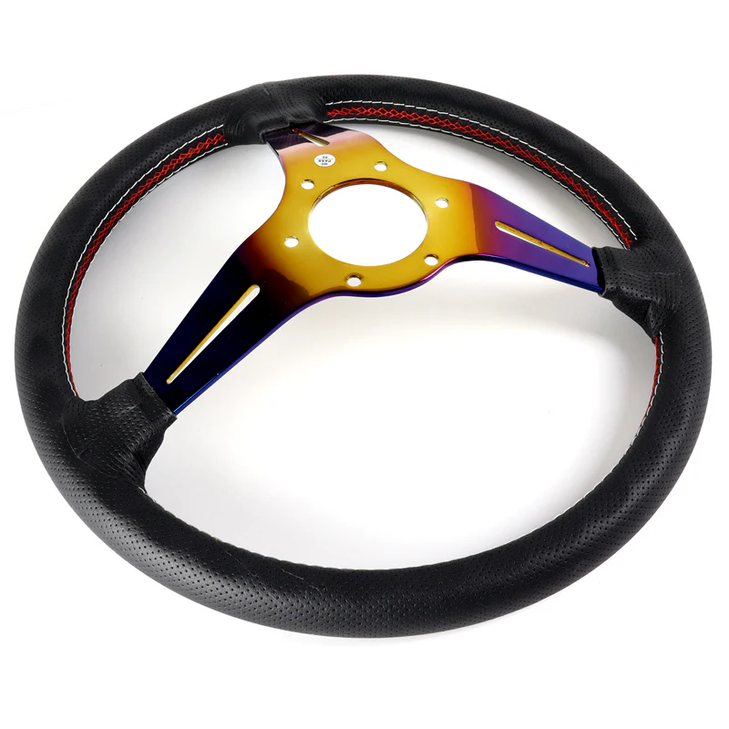 Nardi 88MM DEEP DISH 350MM/ 13.78" Black Leather with Red White Stitching Steering Wheel with Nardi Logo Horn Button 3 Spokes Titanium Neo Sty - Image 3