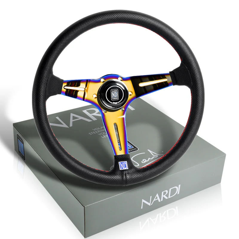 Nardi 88MM DEEP DISH 350MM/ 13.78" Black Leather with Red White Stitching Steering Wheel with Nardi Logo Horn Button 3 Spokes Titanium Neo Sty - Image 4