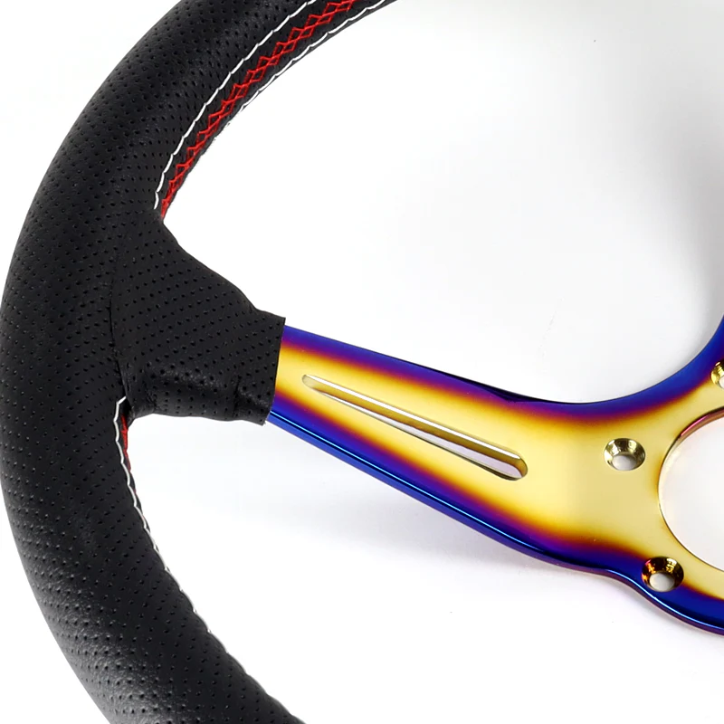 Nardi 88MM DEEP DISH 350MM/ 13.78" Black Leather with Red White Stitching Steering Wheel with Nardi Logo Horn Button 3 Spokes Titanium Neo Sty - Image 6