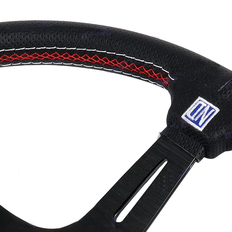 Nardi 88MM DEEP DISH 350MM/ 13.78" Black Leather with Red Stitching Steering Wheel with Nardi Logo Horn Button Black Spoke New - Image 4
