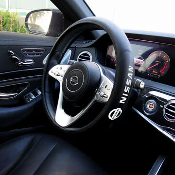 NISSAN Set New Faux Leather 15" Diameter Car Auto Steering Wheel Cover with Logo Horn Button - Image 5