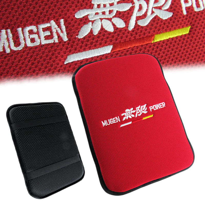 Red JDM MUGEN POWER Fabric Car Center Armrest Cushion Pad + Seat Belt Cover Set - Image 4
