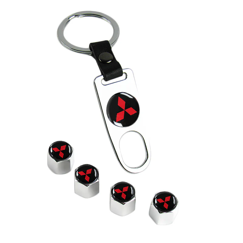 MITSUBISHI Universal Car SUV Wheel Tire Valves Dust Stem Air Caps Keychain Emblem Silver Set - Image 5