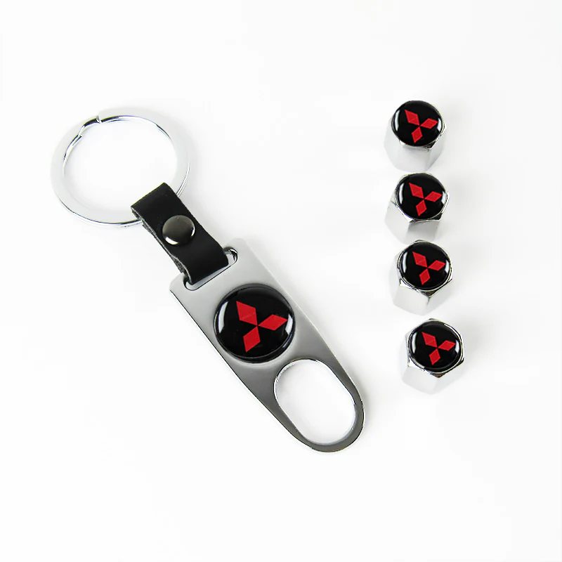 MITSUBISHI Universal Car SUV Wheel Tire Valves Dust Stem Air Caps Keychain Emblem Silver Set - Image 7