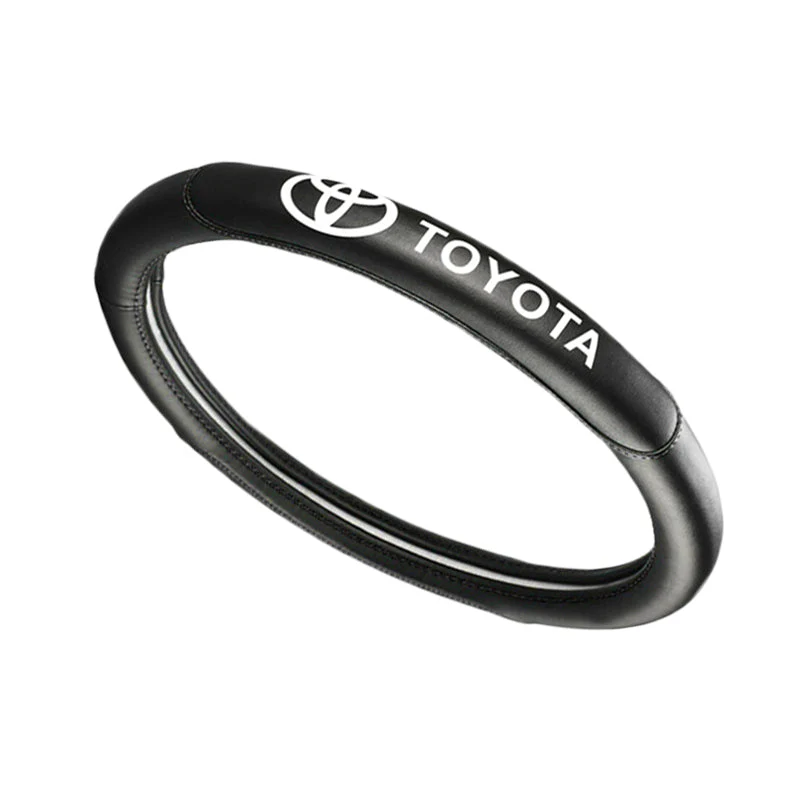 Toyota Set Genuine Leather Black 15" Diameter Car Auto Steering Wheel Cover with Blue Steering Wheel Emblem - Image 2