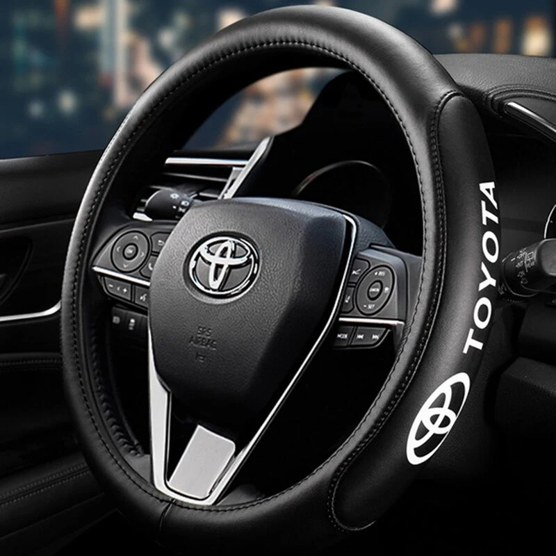 Toyota Set Genuine Leather Black 15" Diameter Car Auto Steering Wheel Cover with Blue Steering Wheel Emblem - Image 3