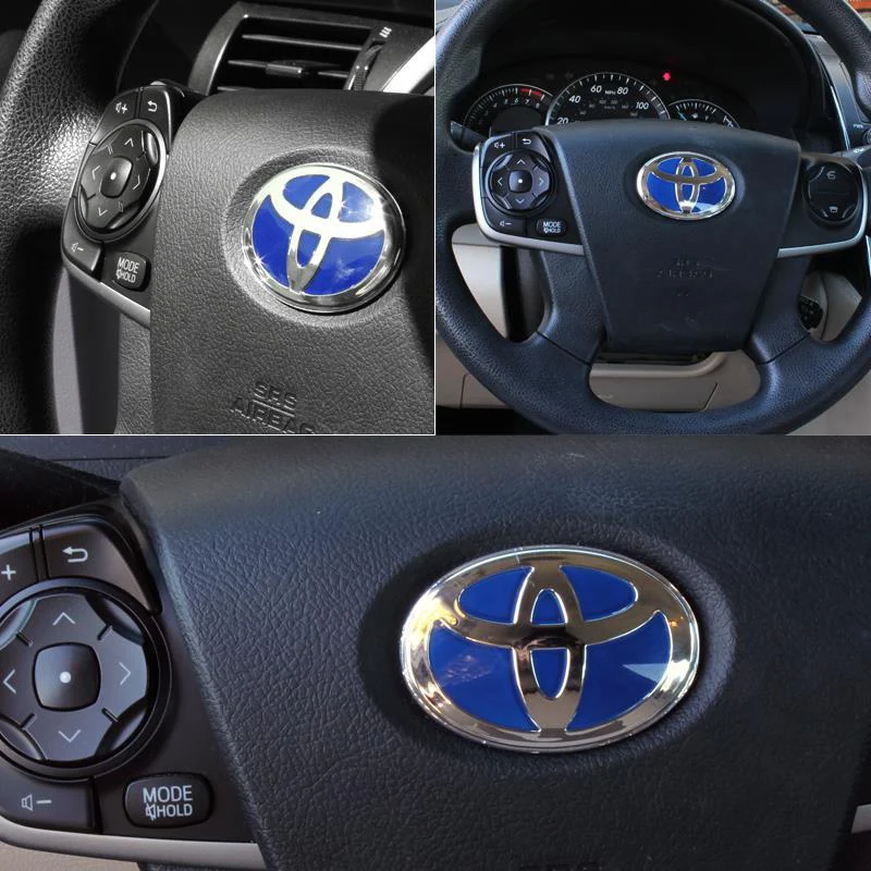 Toyota Set Genuine Leather Black 15" Diameter Car Auto Steering Wheel Cover with Blue Steering Wheel Emblem - Image 4
