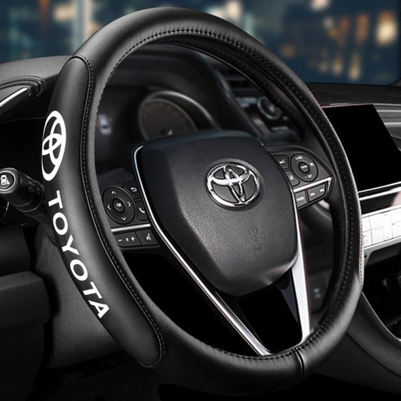 Toyota Set Genuine Leather Black 15" Diameter Car Auto Steering Wheel Cover with Blue Steering Wheel Emblem - Image 7