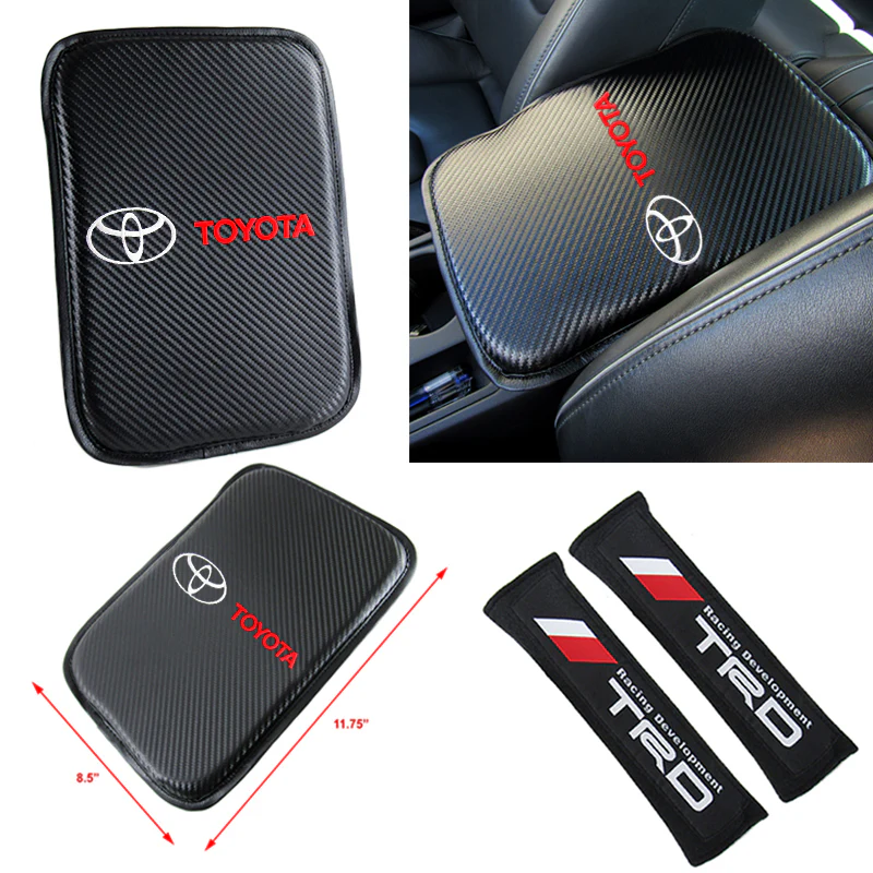 Toyota TRD New Set of Carbon Fiber Look Embroidered Armrest Cushion & Soft Touch Cotton Material Seat Belt Covers - Image 4