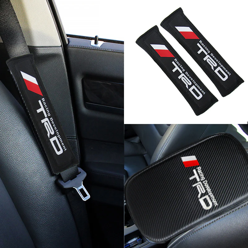 New Toyota TRD Set of Carbon Fiber Look Embroidered Armrest Cushion & Soft Touch Cotton Material Seat Belt Covers - Image 5