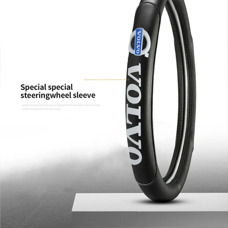 VOLVO Black 15" Diameter Car Auto Steering Wheel Cover Genuine Leather with Center Console Armrest Cushion Mat Pad Cover Stitched Embroidery Logo - Image 2