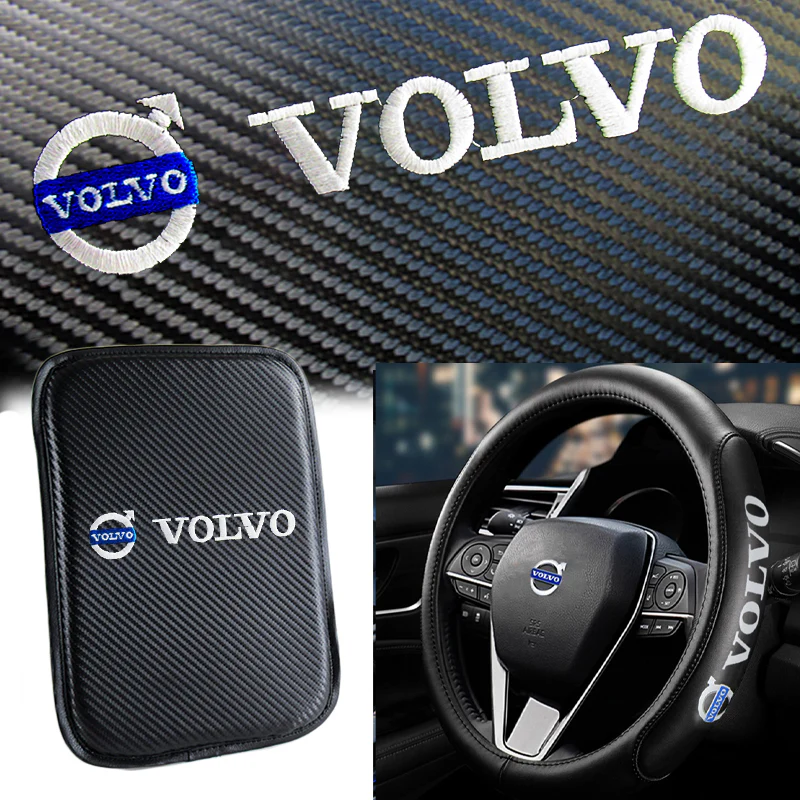 VOLVO Black 15" Diameter Car Auto Steering Wheel Cover Genuine Leather with Center Console Armrest Cushion Mat Pad Cover Stitched Embroidery Logo - Image 6