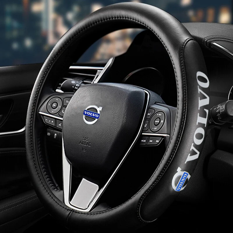 VOLVO Black 15" Diameter Car Auto Steering Wheel Cover Genuine Leather with Center Console Armrest Cushion Mat Pad Cover Stitched Embroidery Logo - Image 9