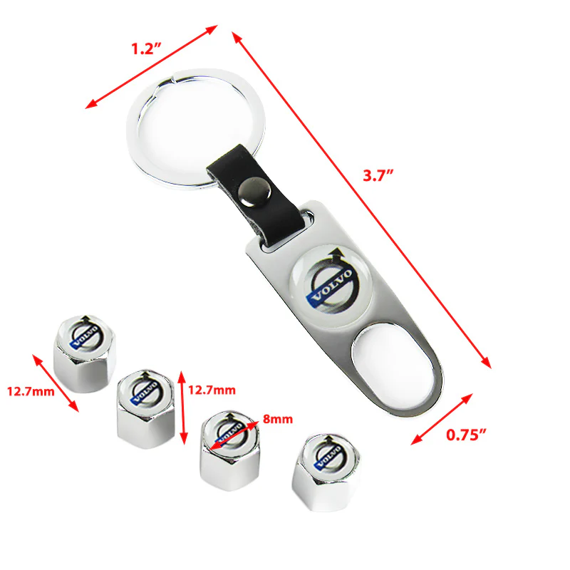 Silver Set VOLVO Car Wheel Tire Valves Dust Stem Air Caps Keychain Emblem KEY FOB - US SELLER - Image 3