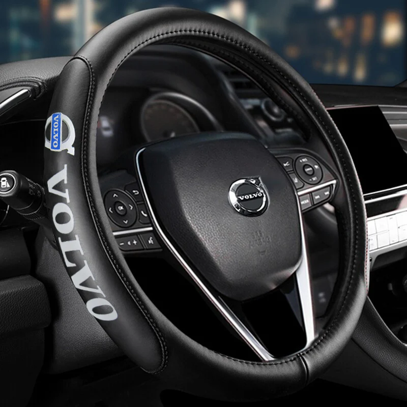 VOLVO Black 15" Diameter Car Auto Steering Wheel Cover Genuine Leather New - Image 3