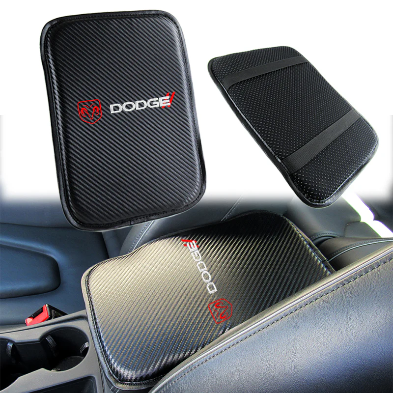 DODGE Set Carbon Fiber Look Embroidered Armrest Cushion with Seat Belt Cover Center Console Cover Pad Mat - Image 5