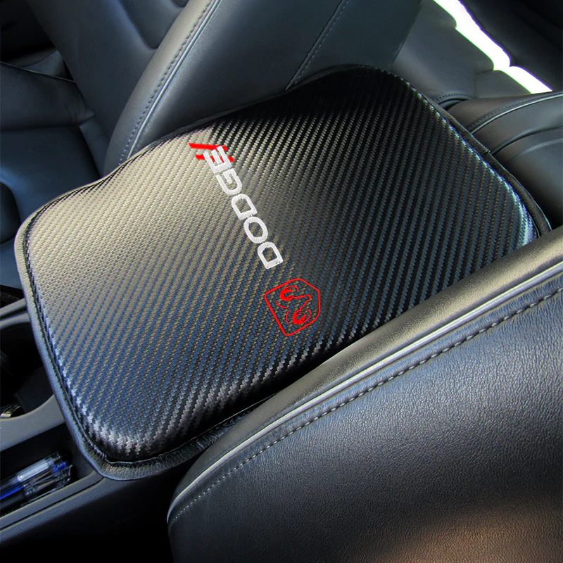 DODGE Carbon Fiber Look Embroidered Armrest Cushion Center Console Cover Pad Mat - Image 3